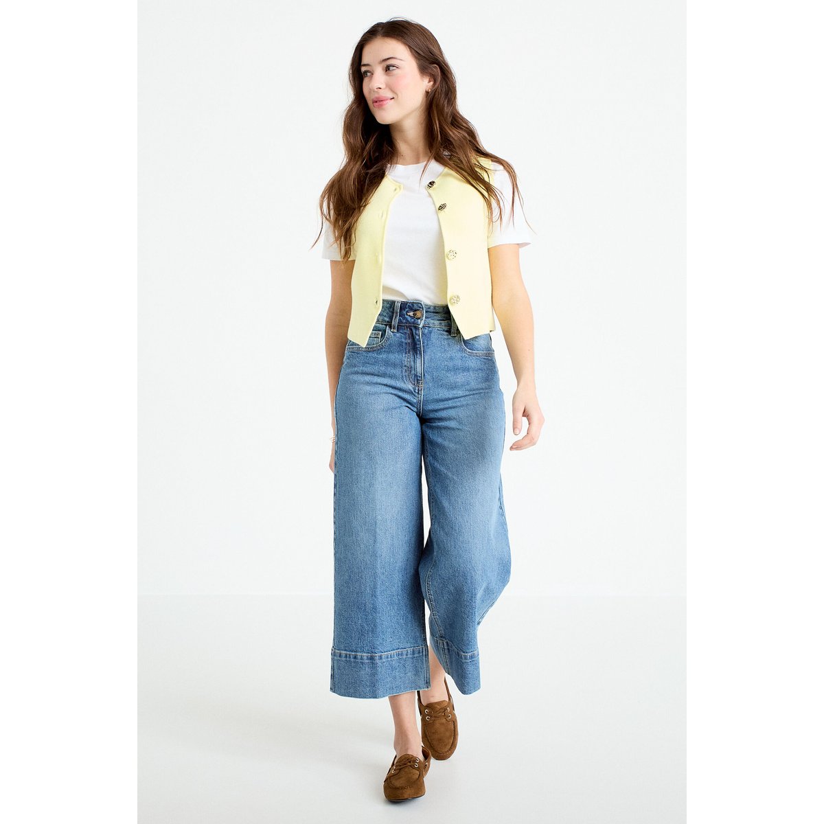 Jean wide leg cropped taille haute denim stone, CACHE CACHE