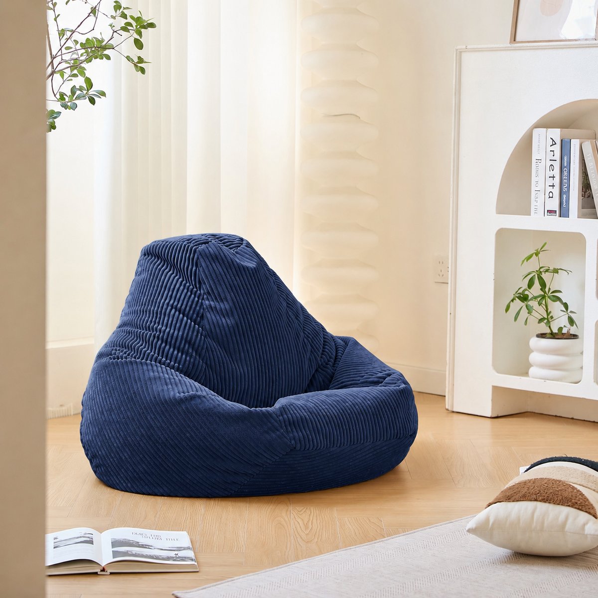 Pouf de salon, velours côtelé, GRANA bleu, NORDLYS