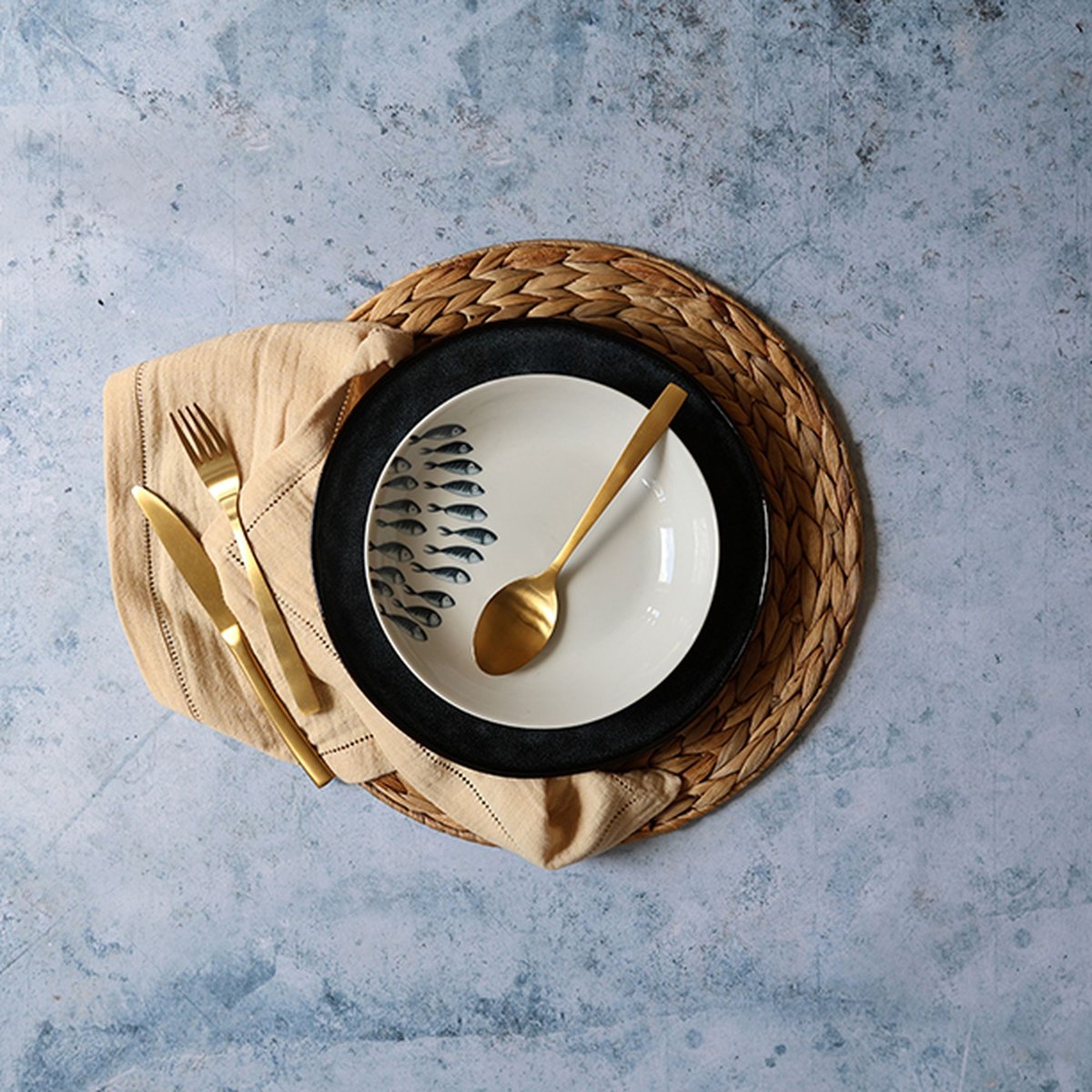 Lot de 6 assiettes creuses en porcelaine 20cm, PESCARE blanc-bleu, NOVASTYL