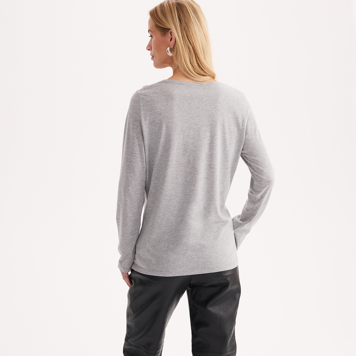 T-shirt col rond, manches longues gris chiné, ANNE WEYBURN