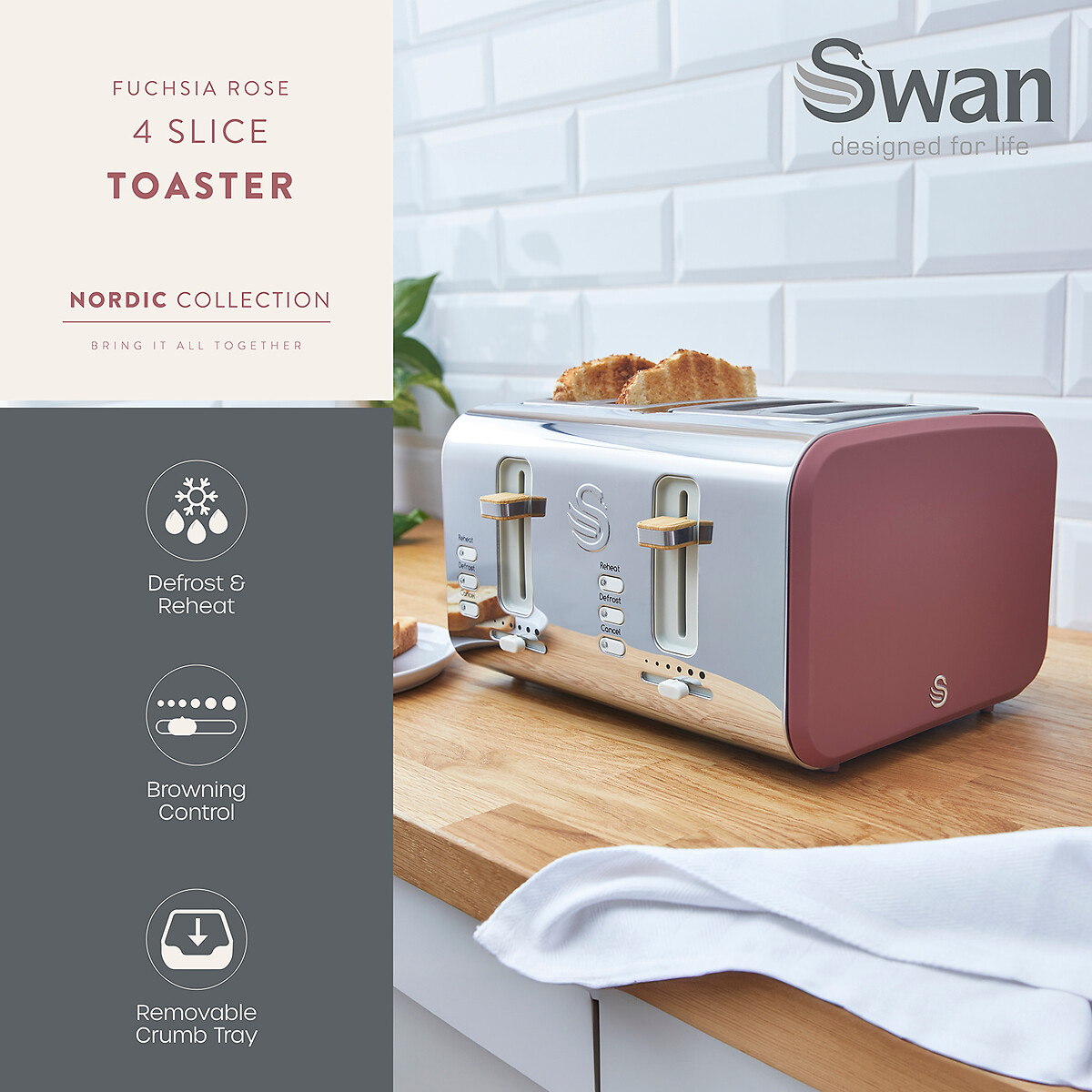 Nordic 4-Slice Toaster - ST14620 fuchsia pink, SWAN