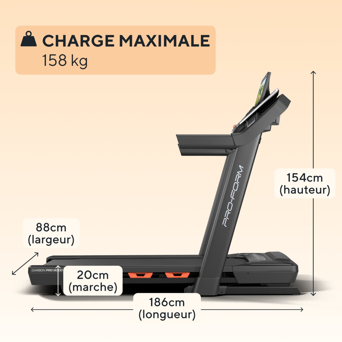 Tapis de course Carbon Pro 9000 / Inclinaison +12% / Écran tactile 16" noir, PROFORM FITNESS