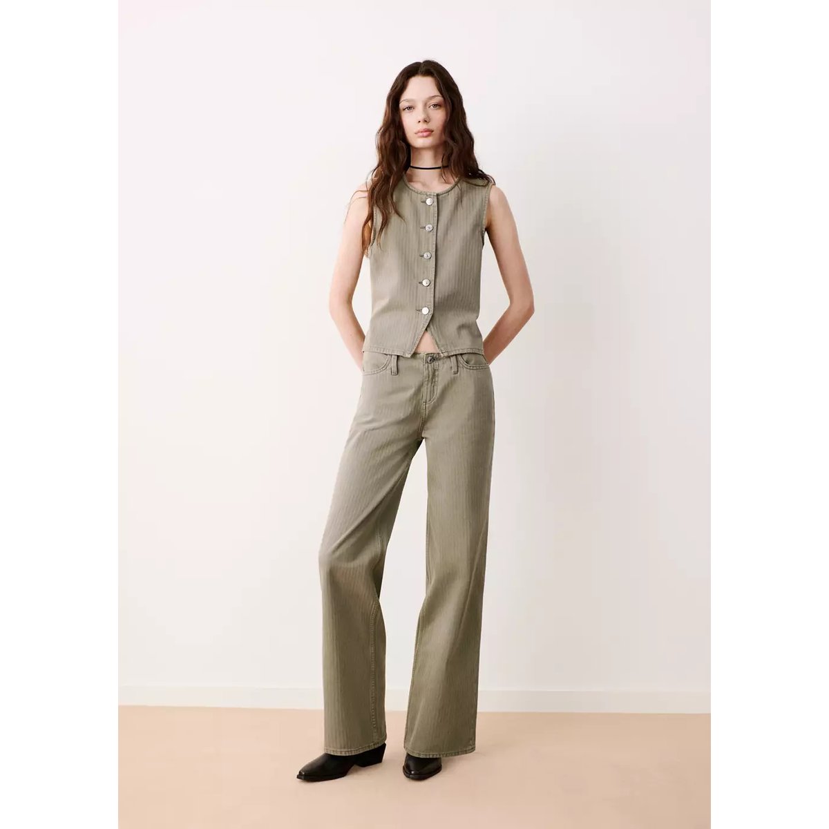 Gilet en jean rayé kaki, MANGO TEEN