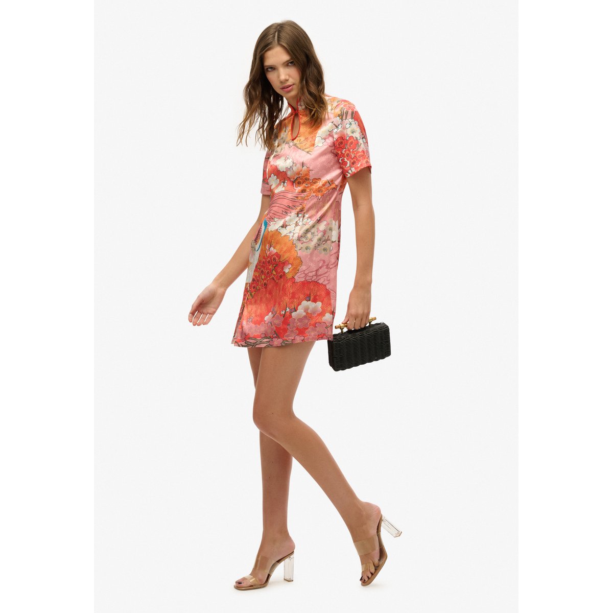 Robe courte en jacquard à col Mao corail kam, SUPERDRY