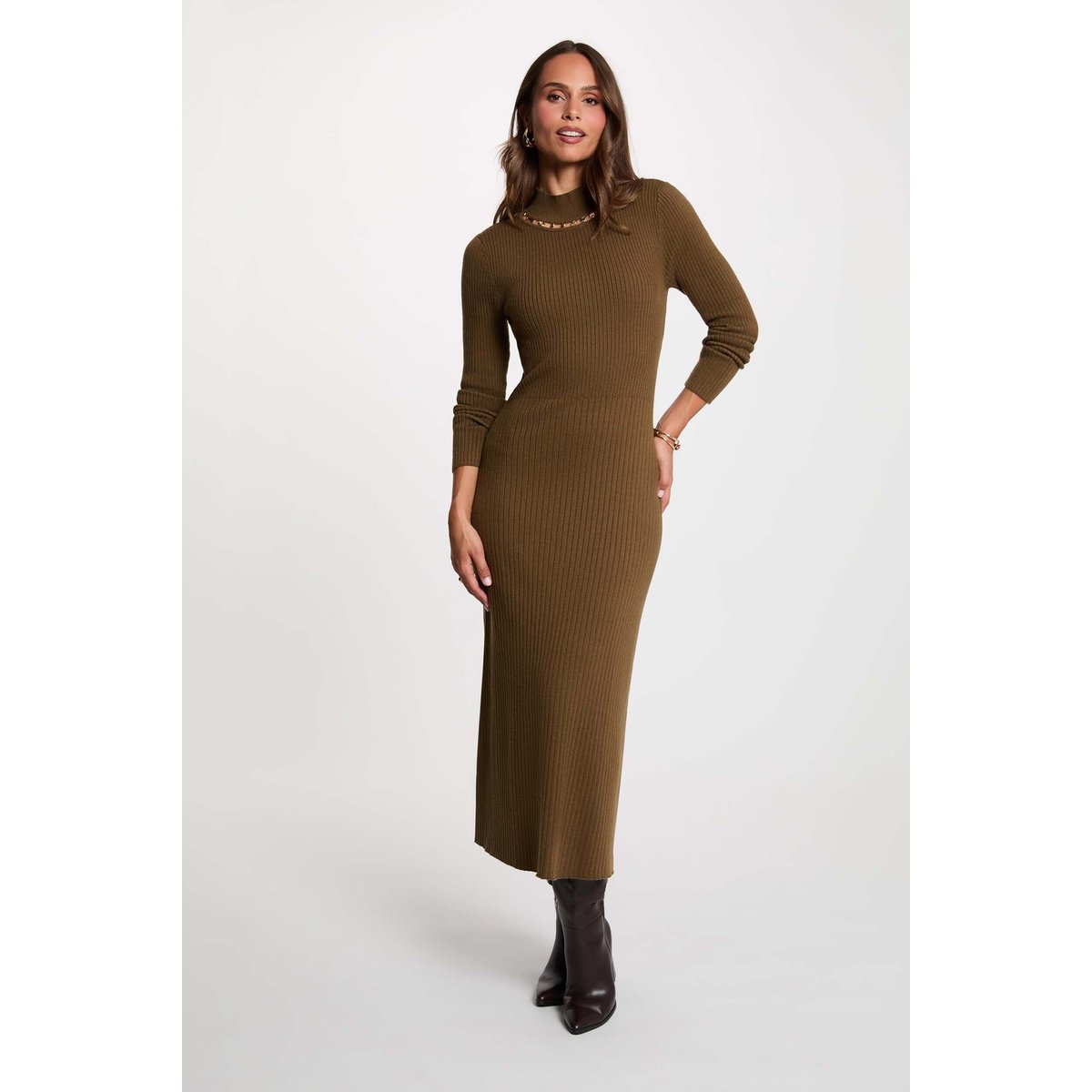 Robe tricot col cheminée vert kaki, MORGAN