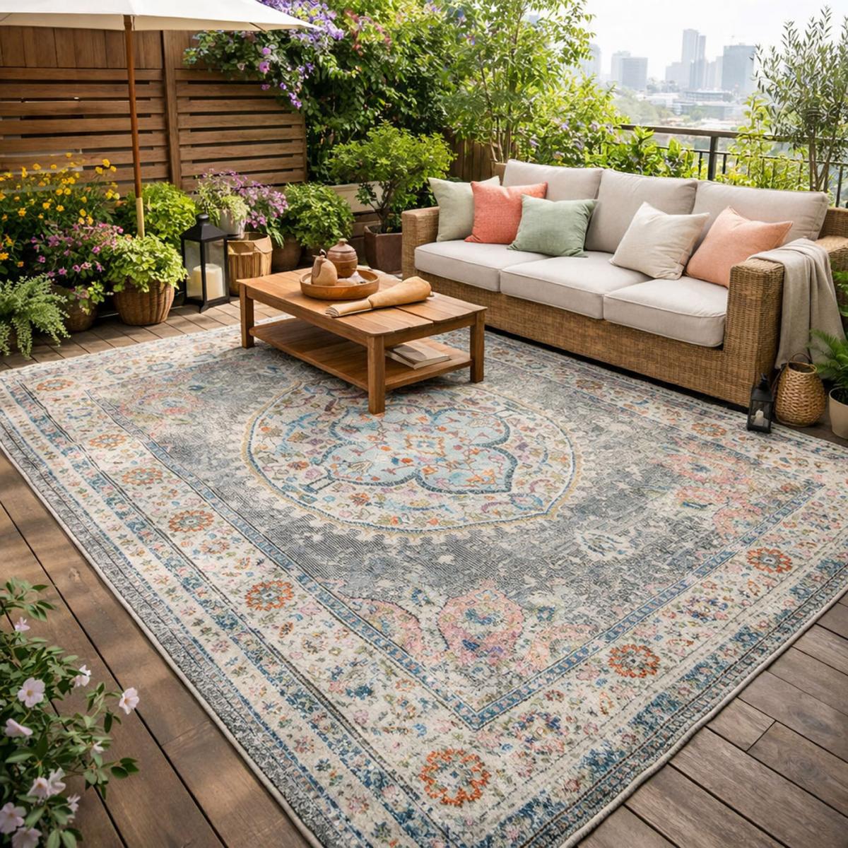Tapis extérieur tissé kilim rectangle SALOUT A gris, bleu, UN AMOUR DE TAPIS