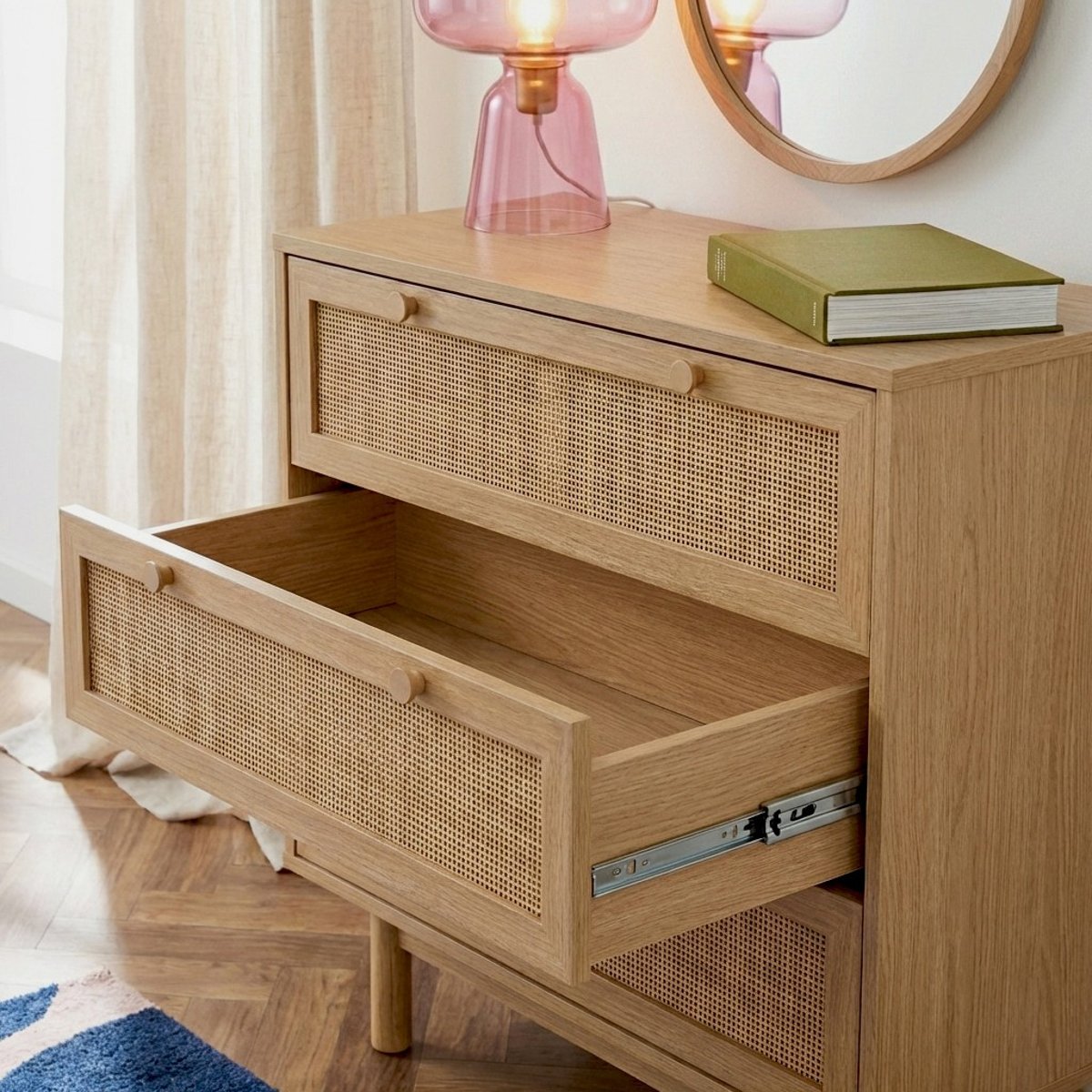 Commode cannage rotin 3 tiroirs HELENA chêne clair, BAÏTA