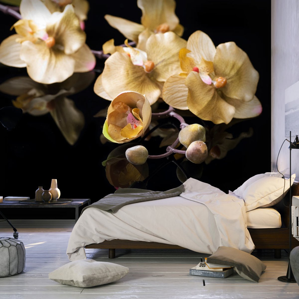 Papier peint intissé panoramique Fleurs Orchids in ecru color beige, EDEN