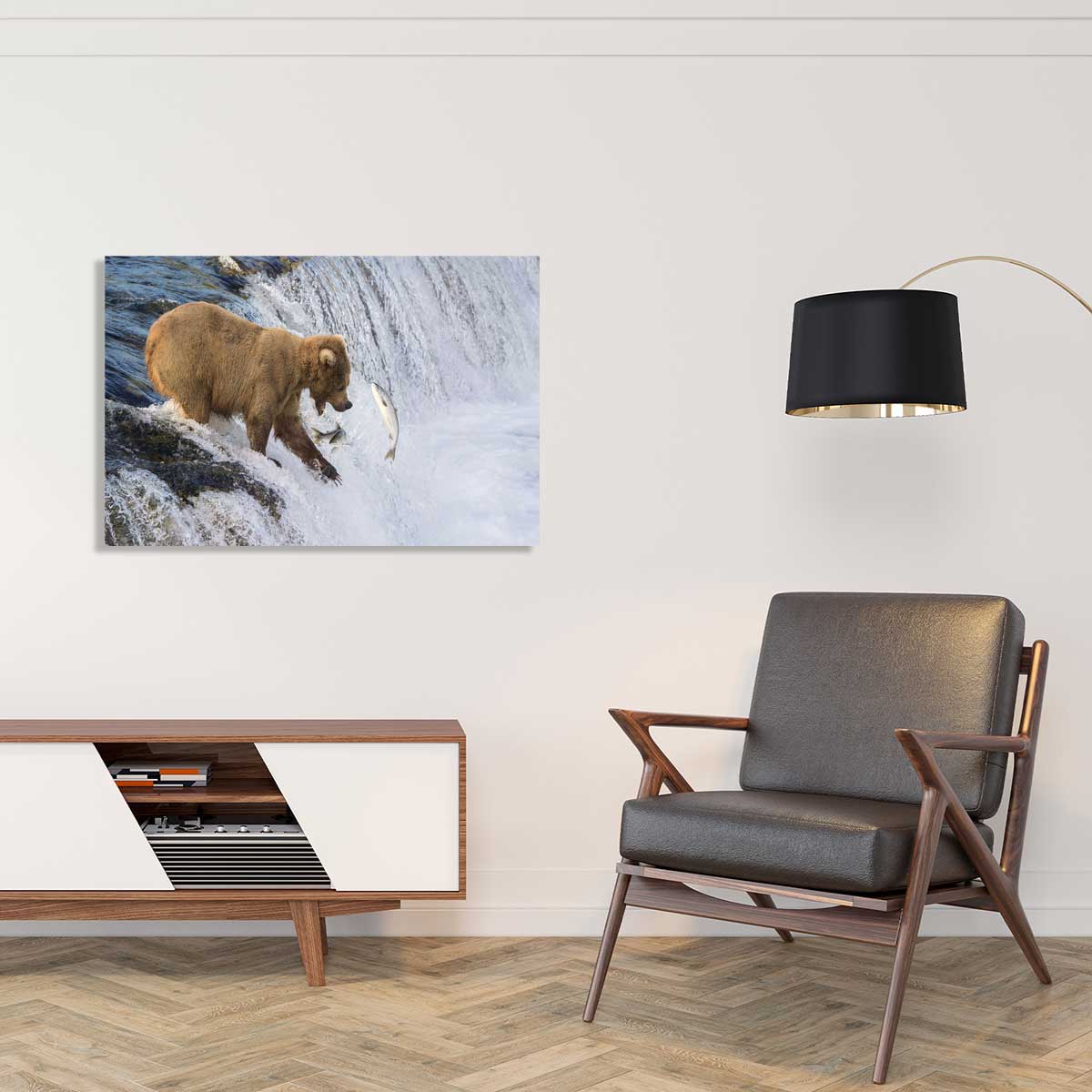 Tableau Un ours pêche sur le bord tableau alu dibond, HEXOA