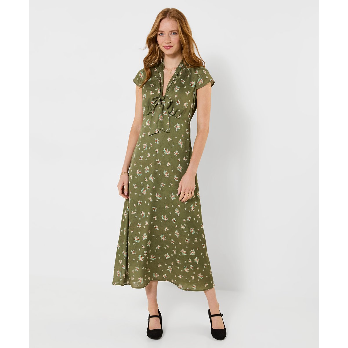 Robe Mi-Longue Nouée Devant Fleurs Vintage vert, JOE BROWNS