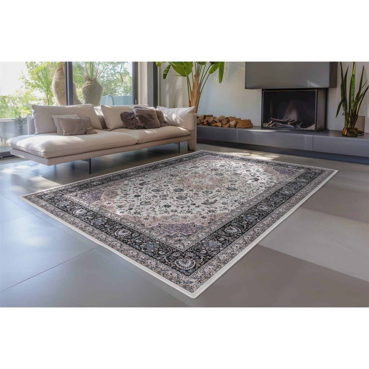 Tapis rectangulaire à motif oriental, Rocks ivoire beige à motifs bleu nuit, ARTE ESPINA