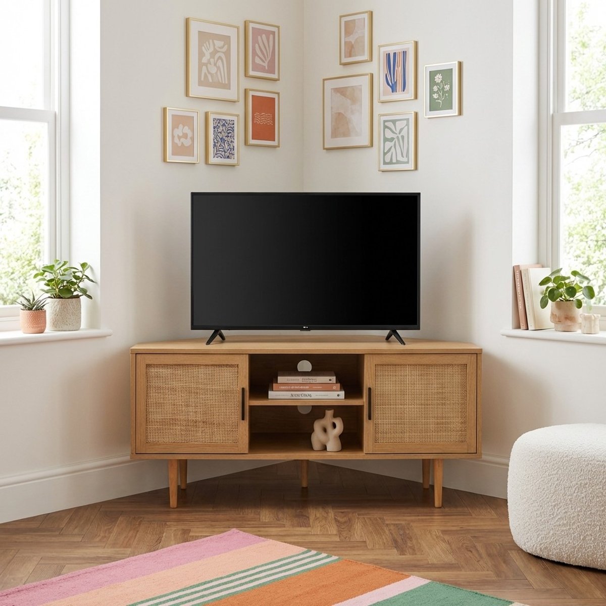 Meuble TV d'angle cannage 2 portes AMANA chêne clair, BAÏTA