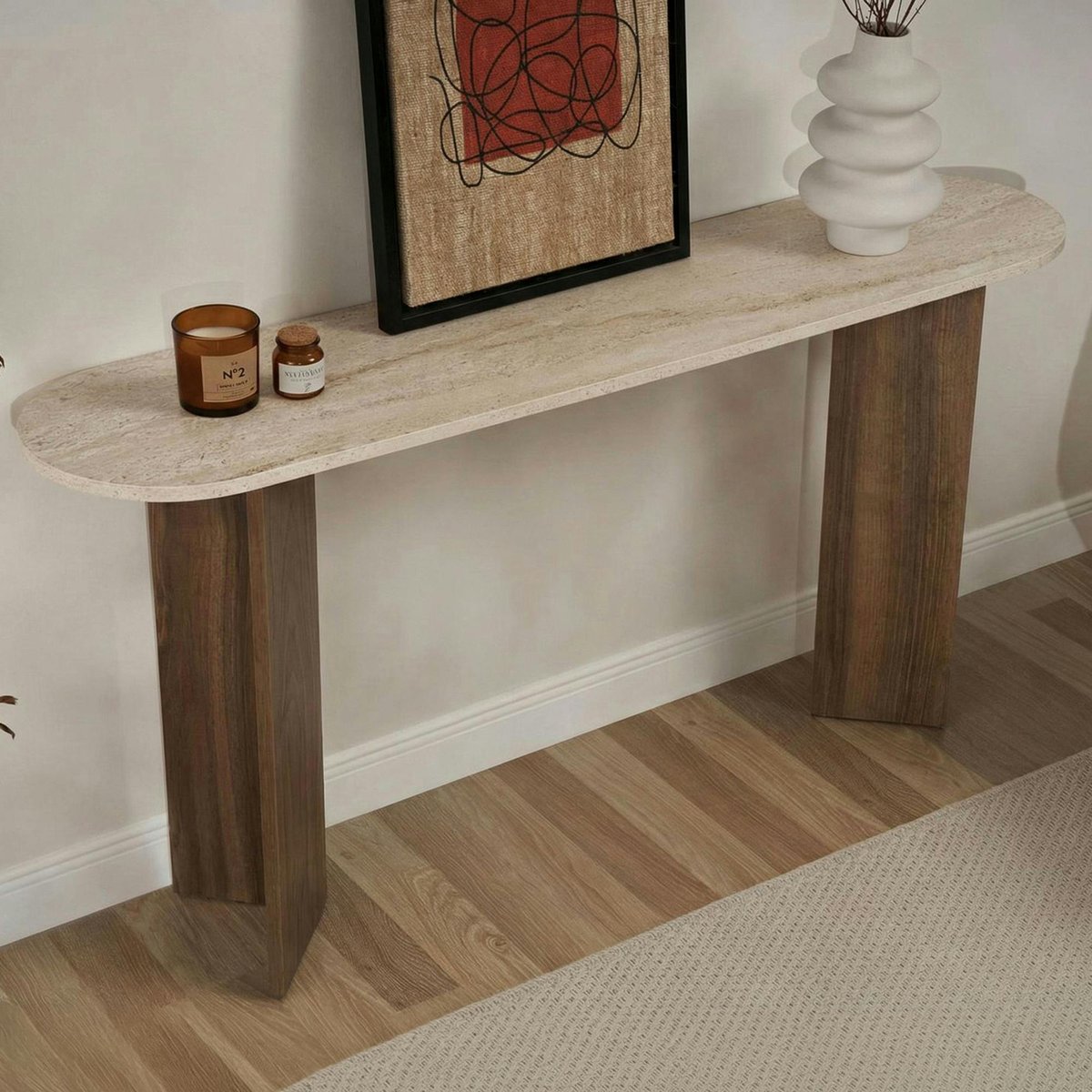 Console design - pieds en V MARFA noyer et travertin, PIER IMPORT