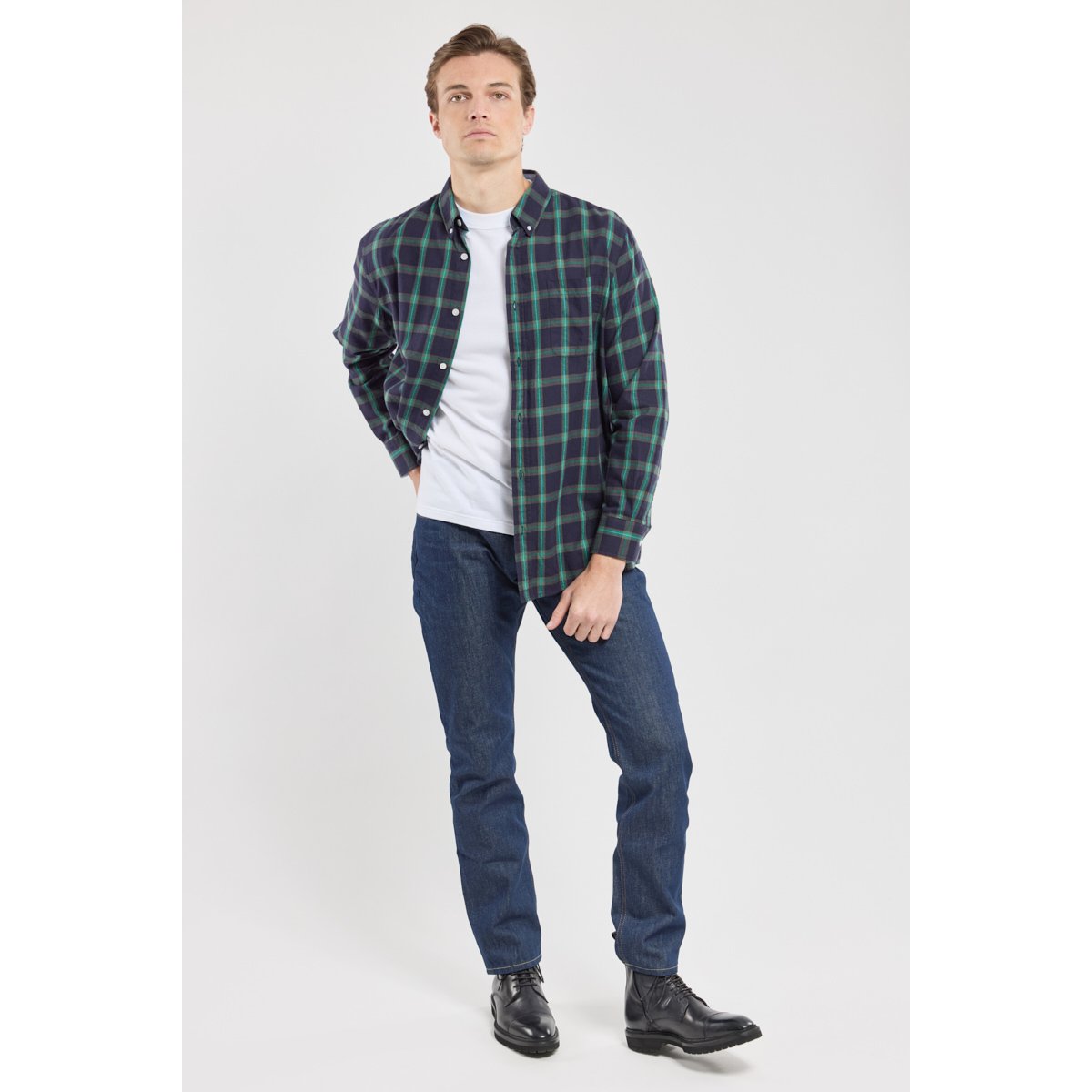 Chemise à carreaux coupe confort en coton carreaux marine deep/aquag, ARMOR-LUX