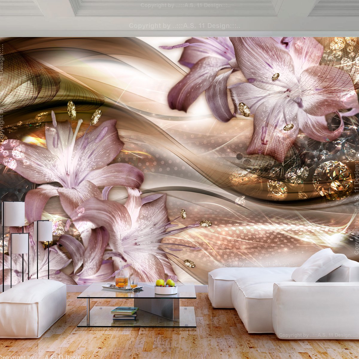 Papier peint intissé panoramique Abstractions Lilies on the Wave (Brown) violet, EDEN