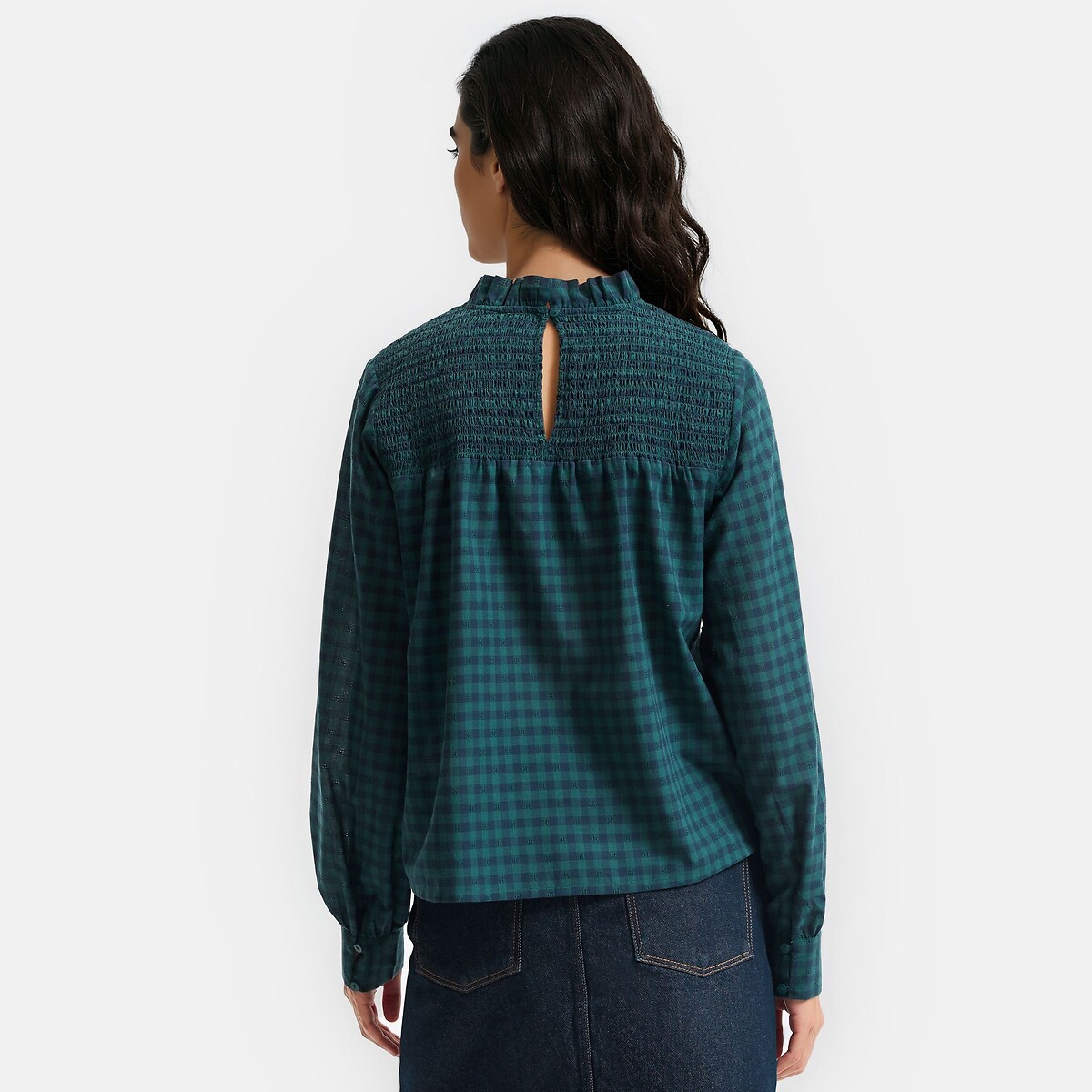 Camicetta a quadri, con arricciatura, colletto a balze quadri blu/verde , LA REDOUTE COLLECTIONS