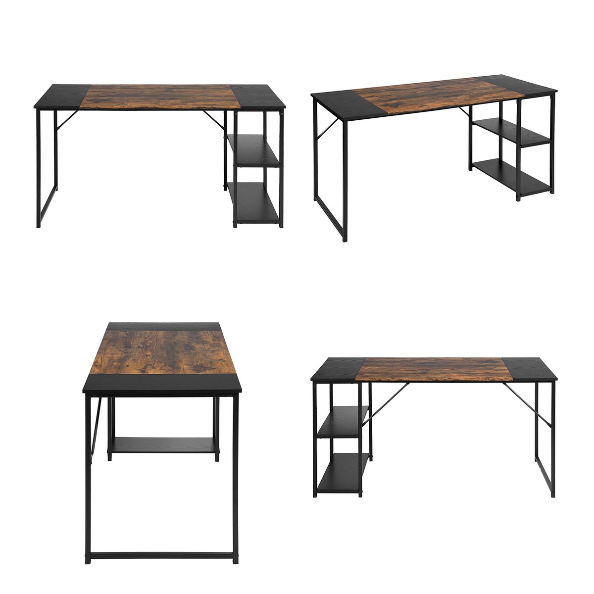 Bureau 140cm avec 2 étagères réversibles style industriel, DEMBE noir, MEUBLES COSY