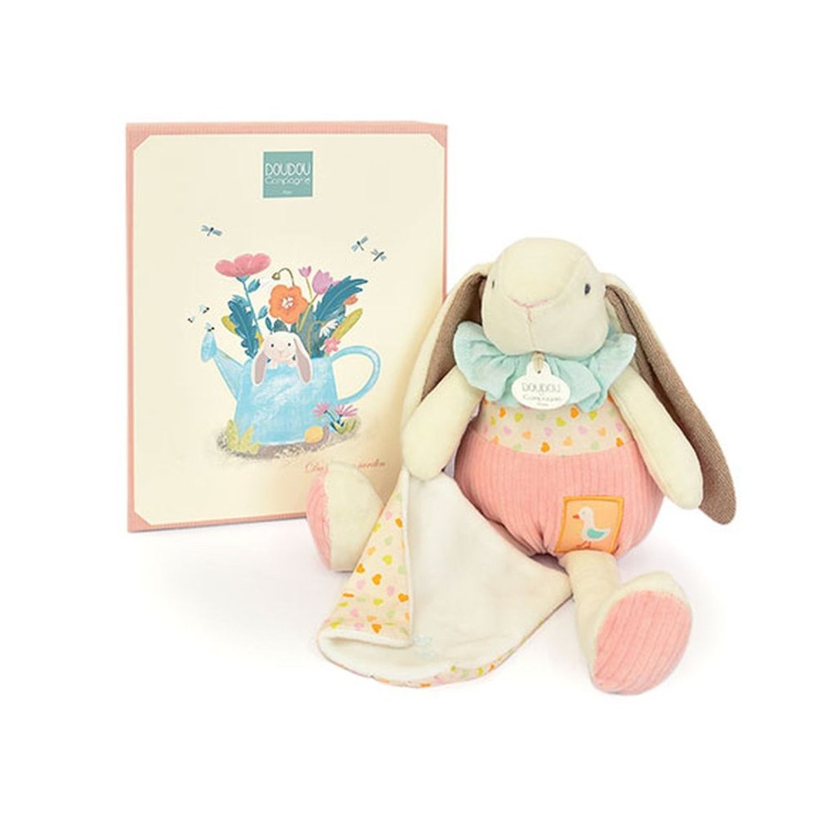 Peluche lapin rose avec son doudou couleur unique, DOUDOU ET COMPAGNIE