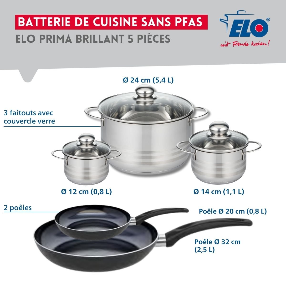 Batterie 2 poêles 20/32cm + 3 faitouts 12/14/24cm PRIMA BRILLANT noir, ELO