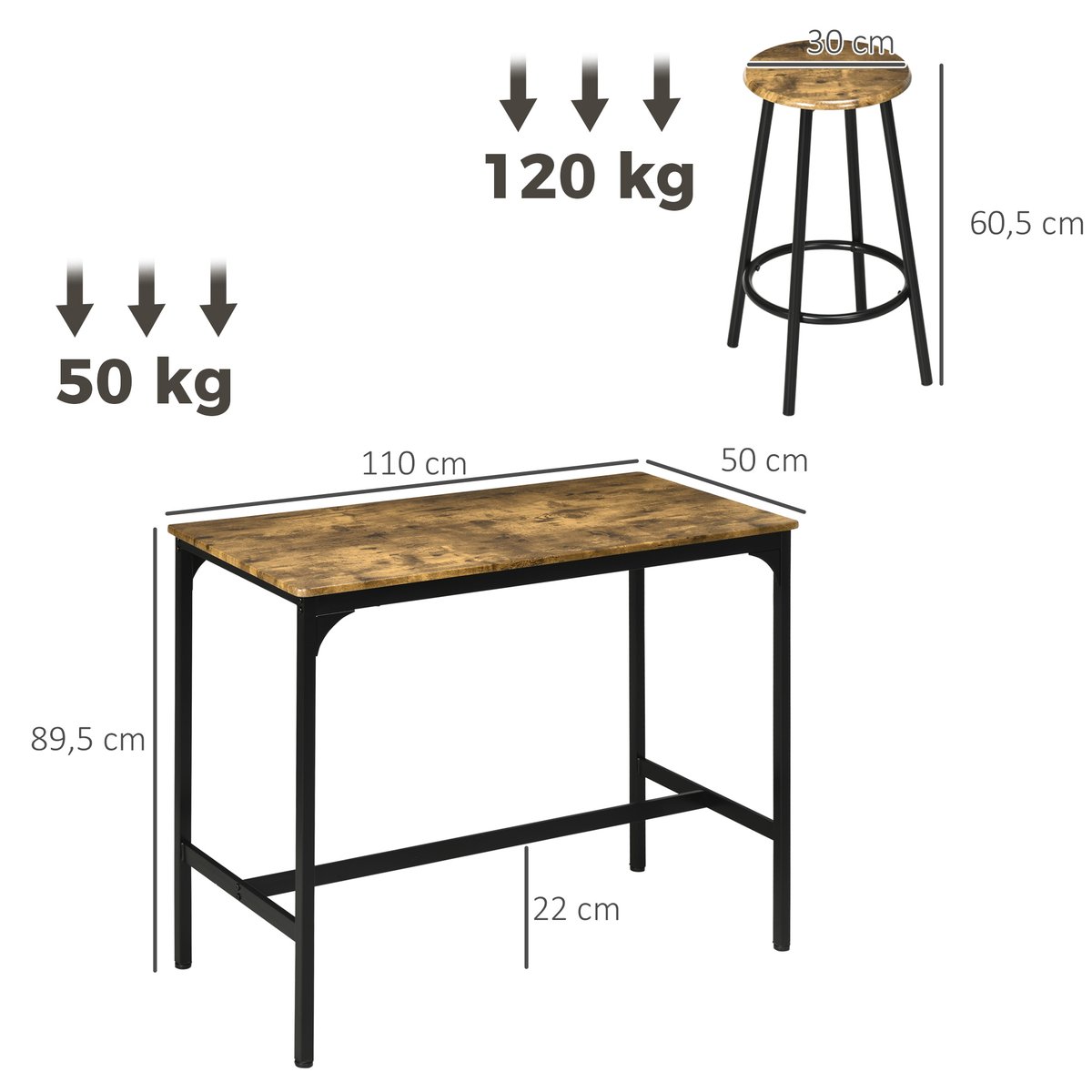 Ensemble de table de bar Métal Marron marron, noir, HOMCOM