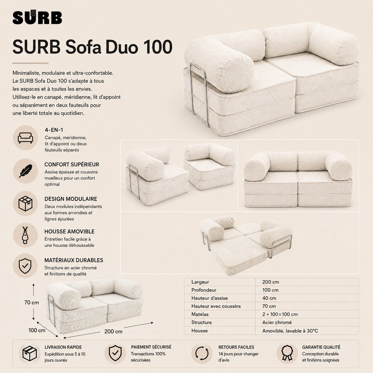 Canapé modulable convertible SURB gris, MEOW BABY