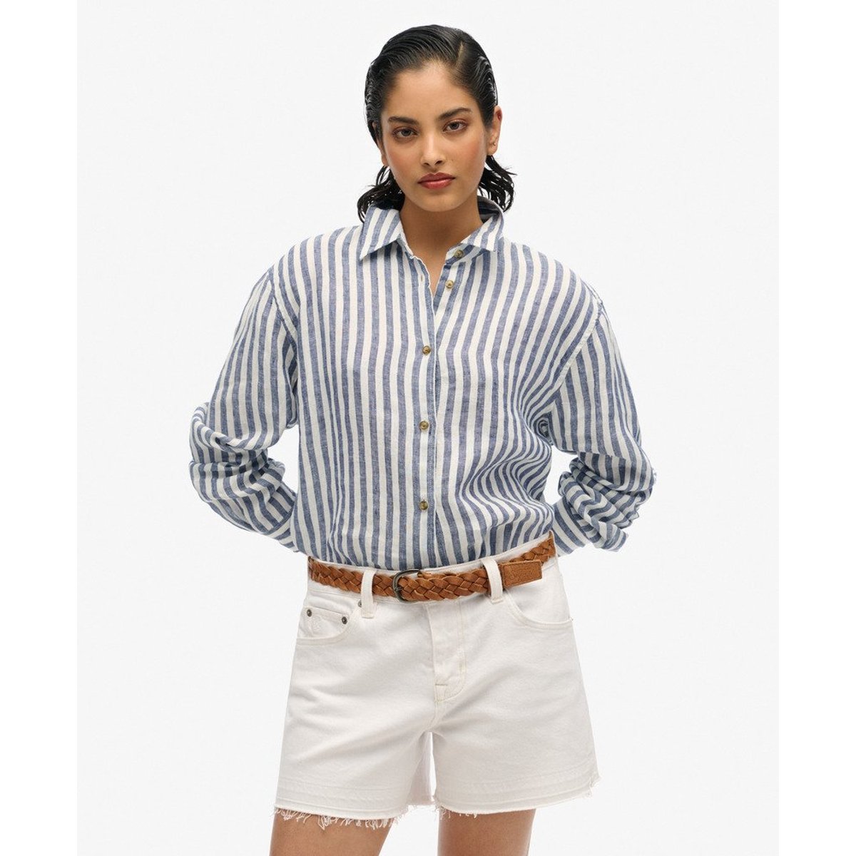 Chemise boyfriend décontractée en lin bleu à larges rayures, SUPERDRY