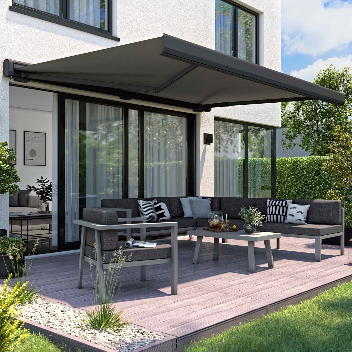 Store banne électrique + Led avec coffre intégral 3,95 x 3 m, HELIOS gris, OVIALA