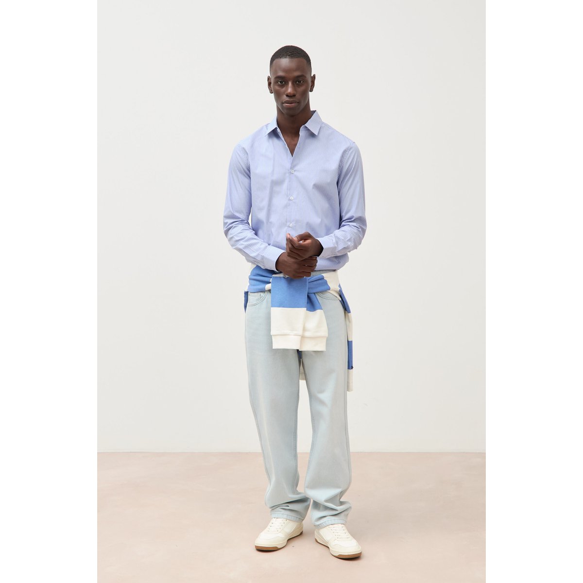 Chemise col américain manches longues bleu gris, BONOBO