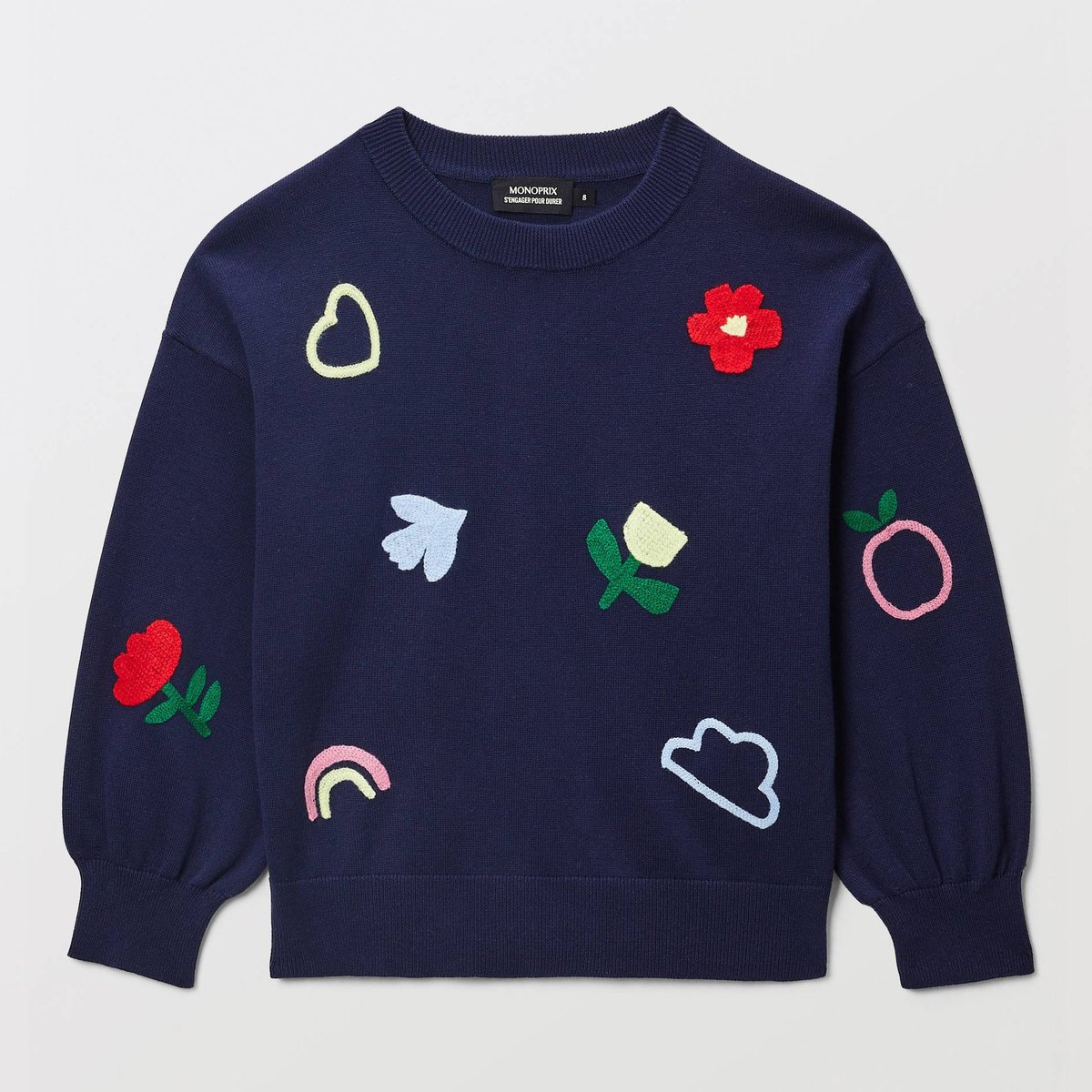 Pull brodé en coton marine, MONOPRIX