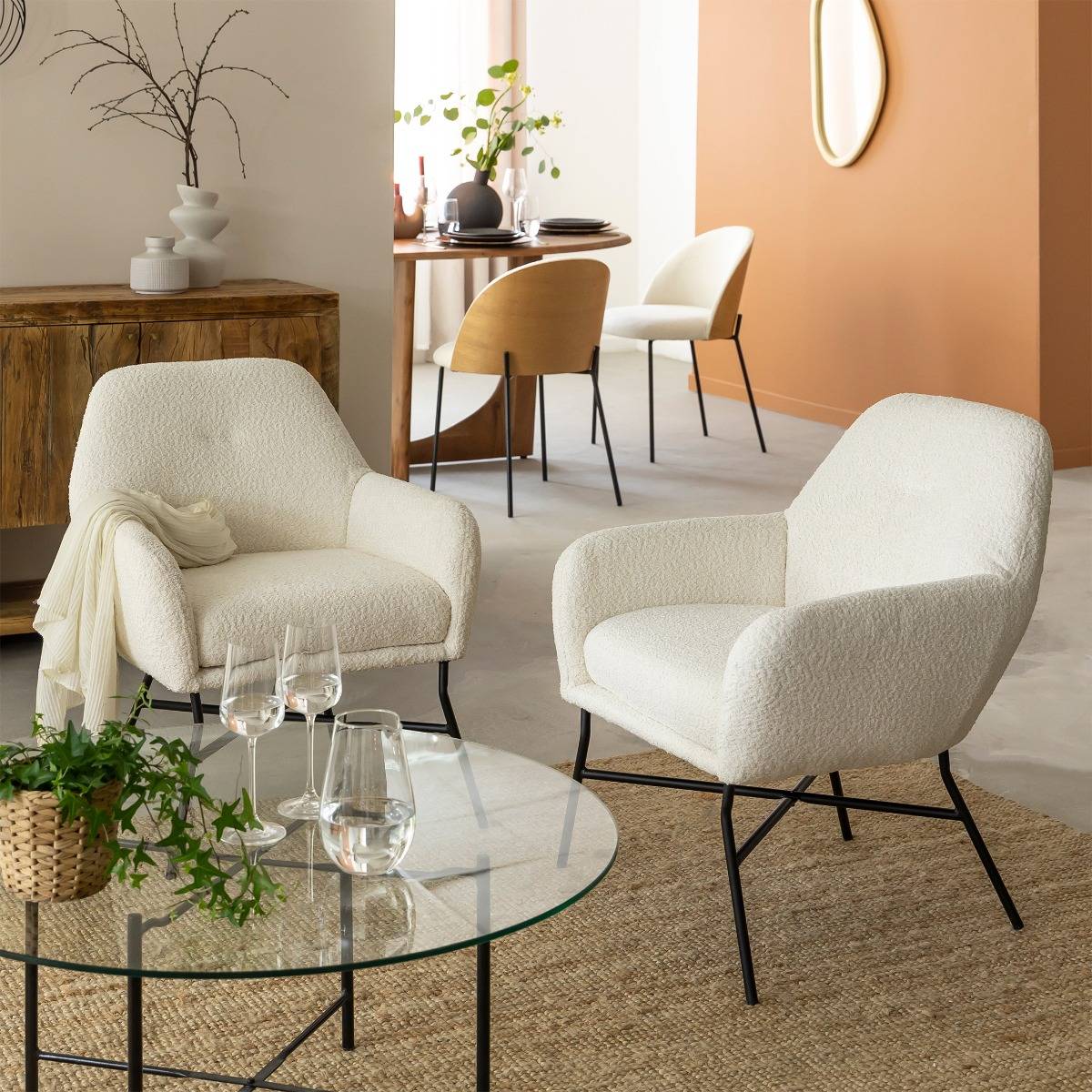 Fauteuil en tissu bouclette AMANDINE blanc, MADE IN MEUBLES