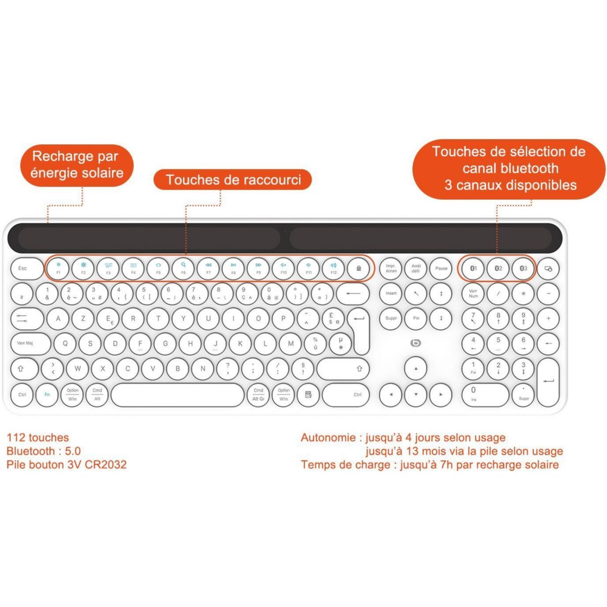 Clavier sans fil Solaire SKW Blanc couleur unique, ESSENTIEL B