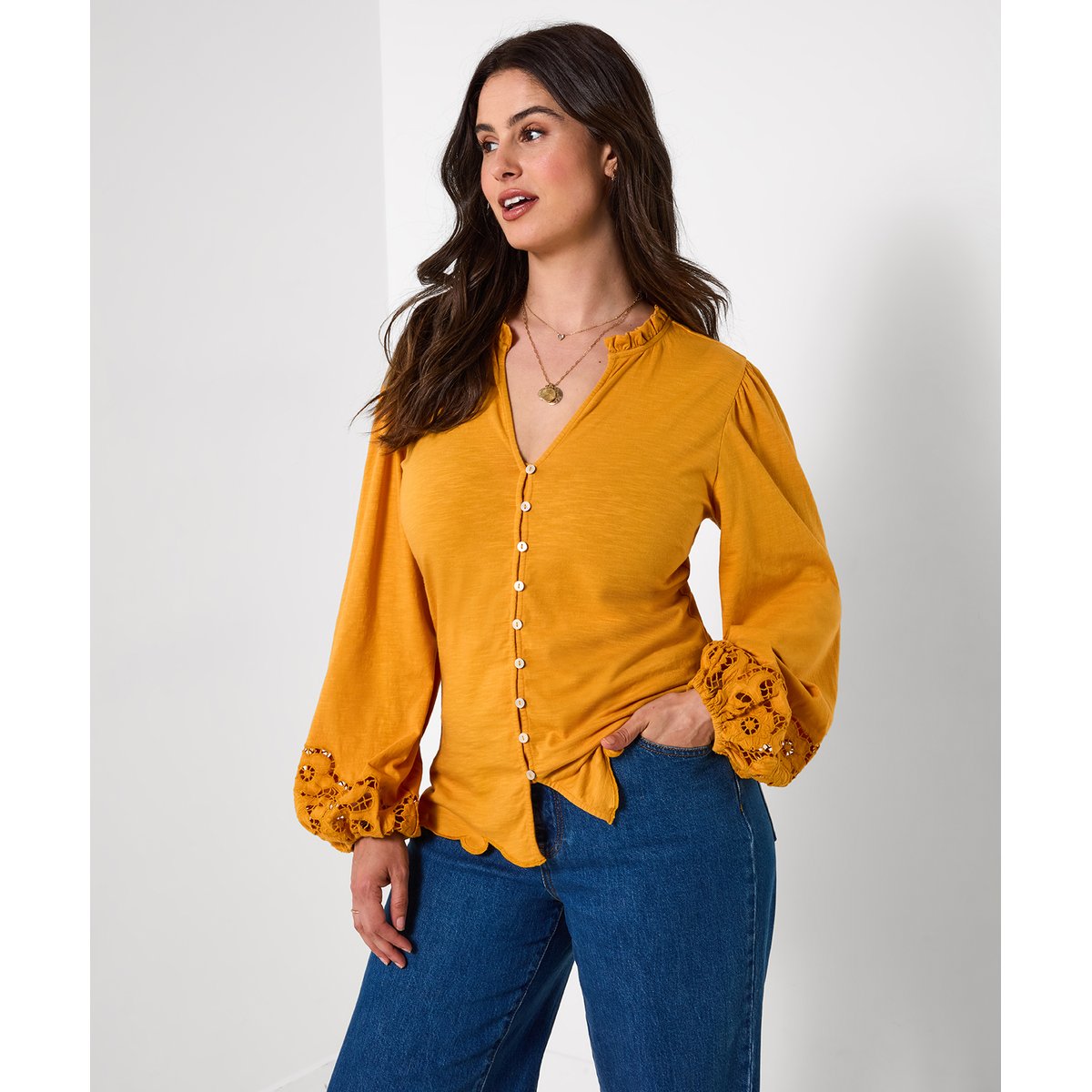 Blouse en Jersey Boutonnée à Manches Brodées jaune, JOE BROWNS