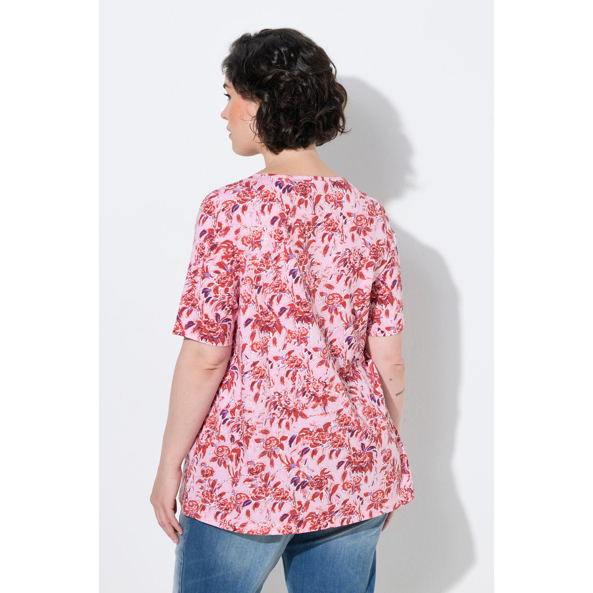 T-shirt motif floral, coupe évasée rose tendre, ULLA POPKEN