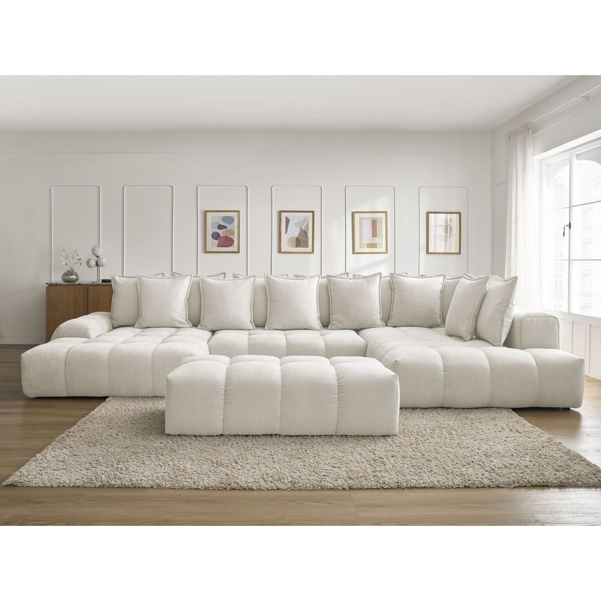 Canapé panoramique convertible 7 places en tissu texturé avec pouf, EVEREST blanc, BOBOCHIC