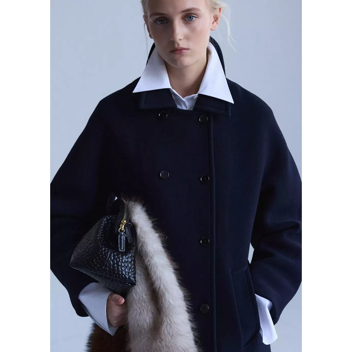 Double-breasted virgin wool coat bleu marine foncé, MANGO