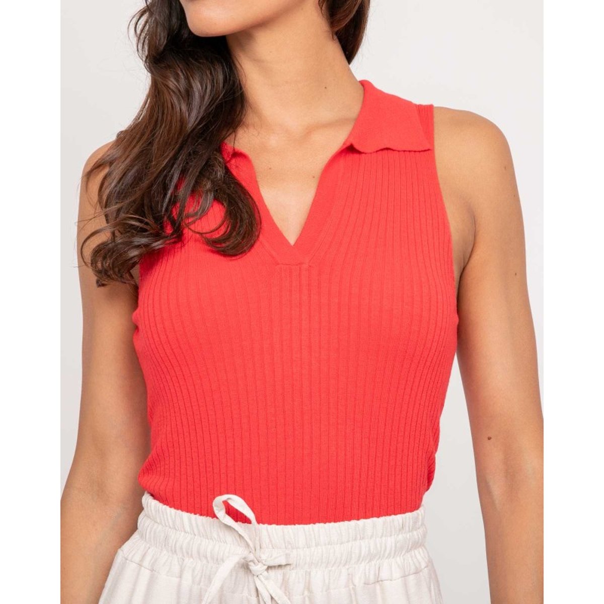 Top Maille Sans Manches Col Polo Foxie rouge, DONA LISA