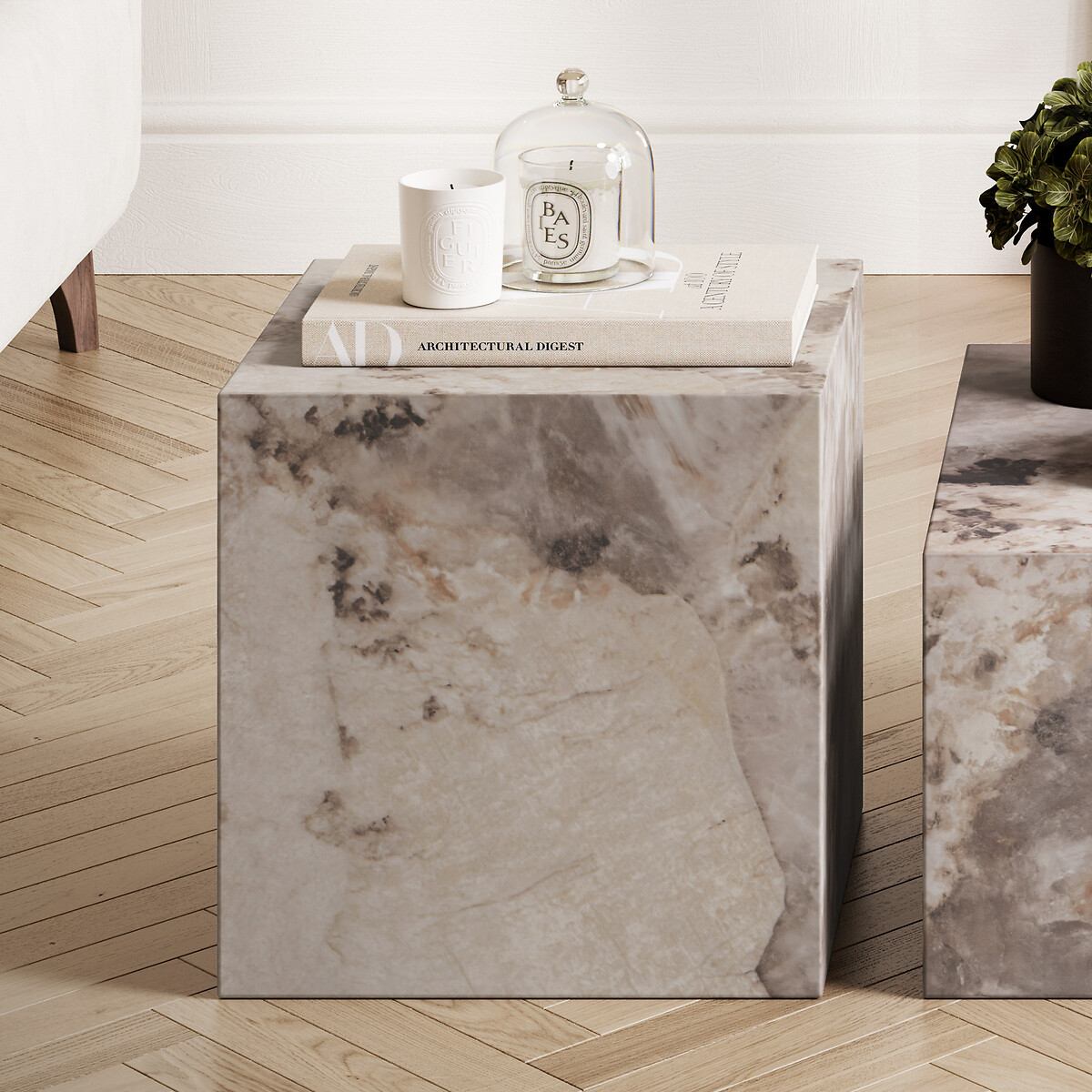 Serafina Pandora Faux Marble Block Side Table marbled beige, ÉDITÉ