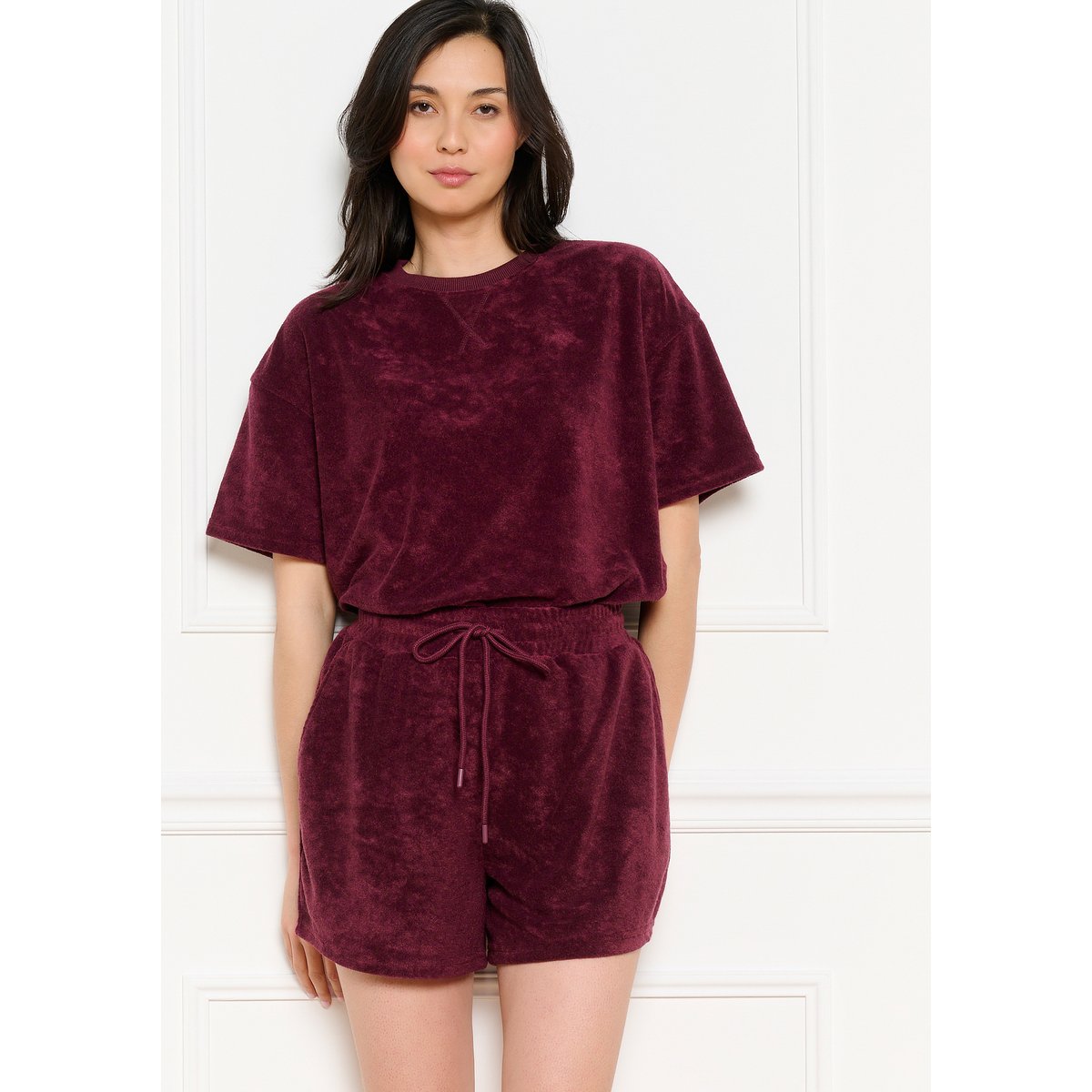 Short éponge taille nouée aubergine, LOLALIZA