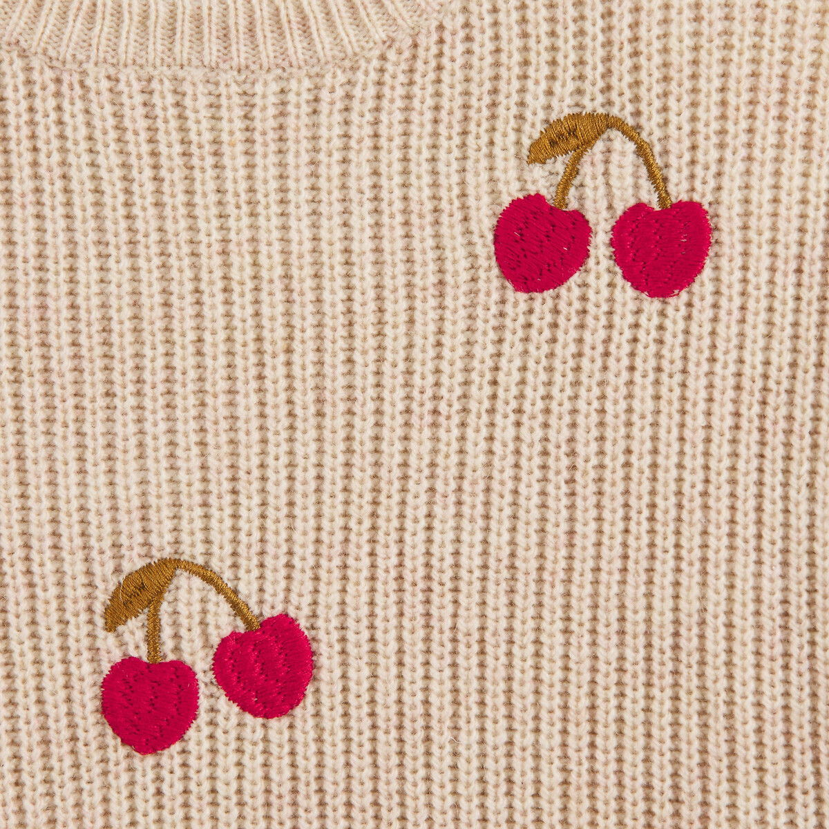 Embroidered Cherry Chunky Knit Crew Neck Jumper beige, LA REDOUTE COLLECTIONS