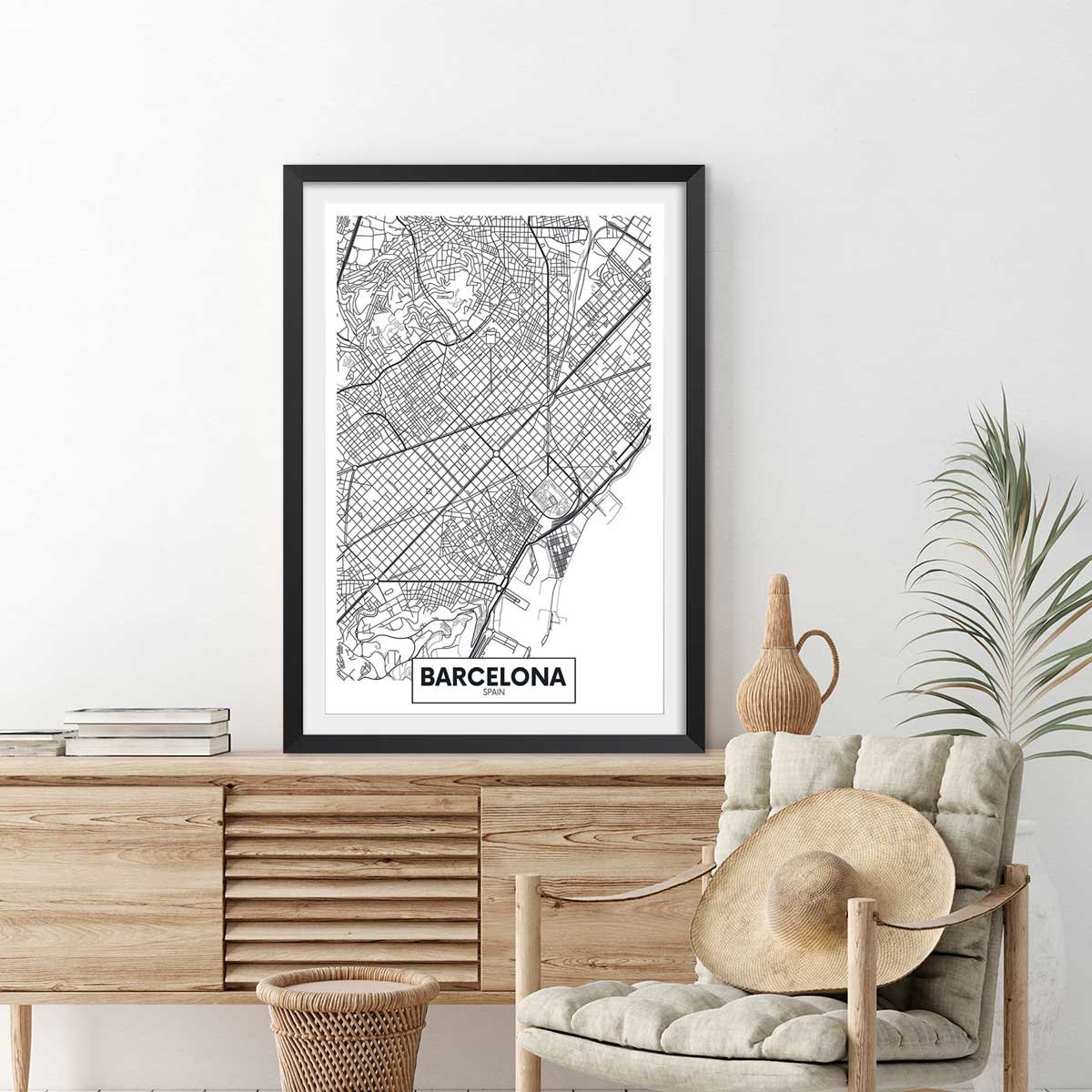 Affiche graphique barcelona spain affiche + cadre en bois - noir, HEXOA