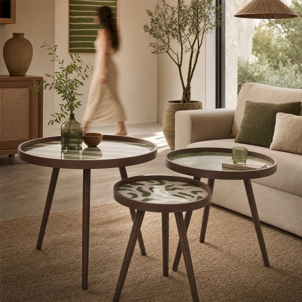 Set de 3 tables basses rondes en bois vert olive et bois, RECOLLECTION