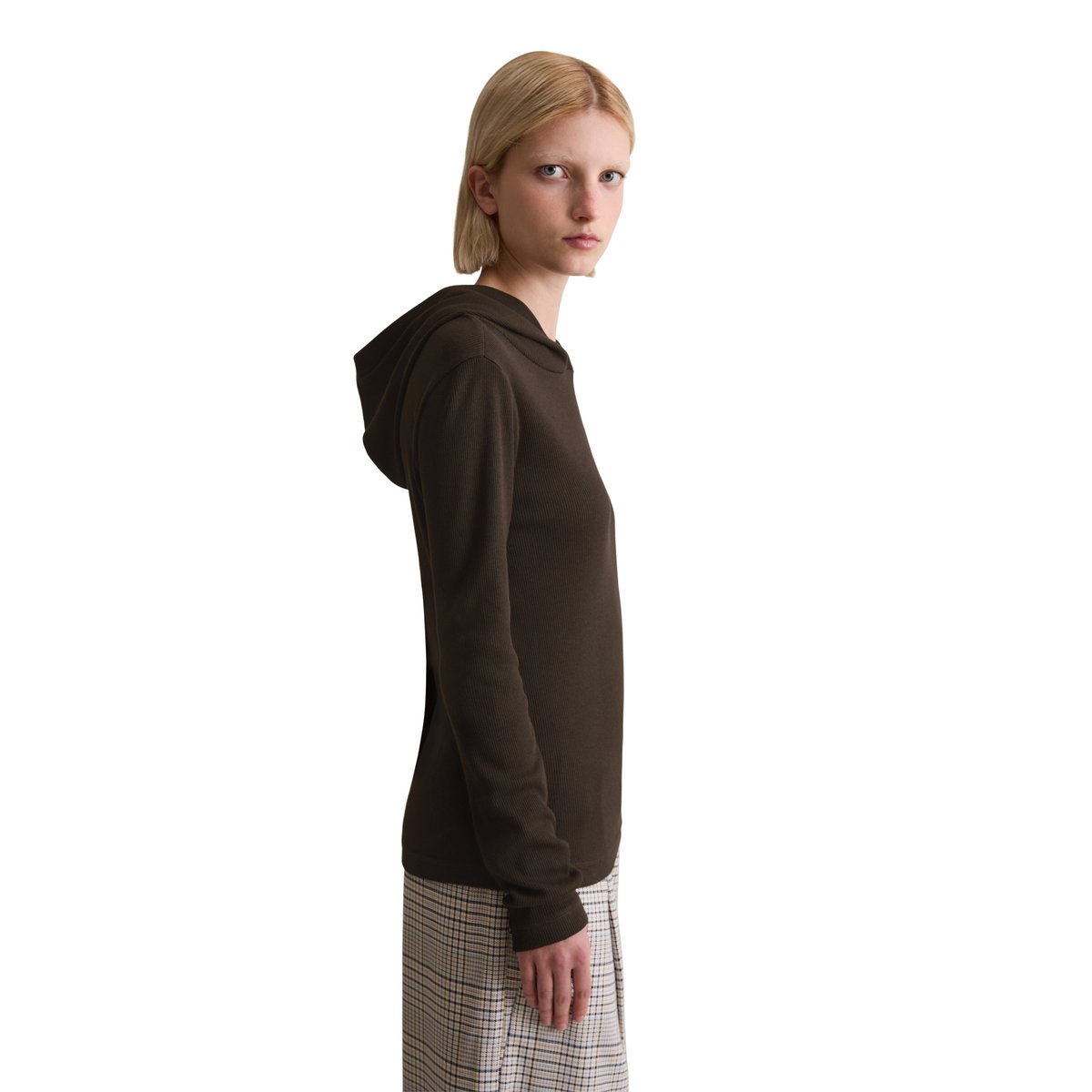 T-shirt long à capuche slim en doux jersey stretch coton bio modal marron foncé, MARC O’POLO DENIM