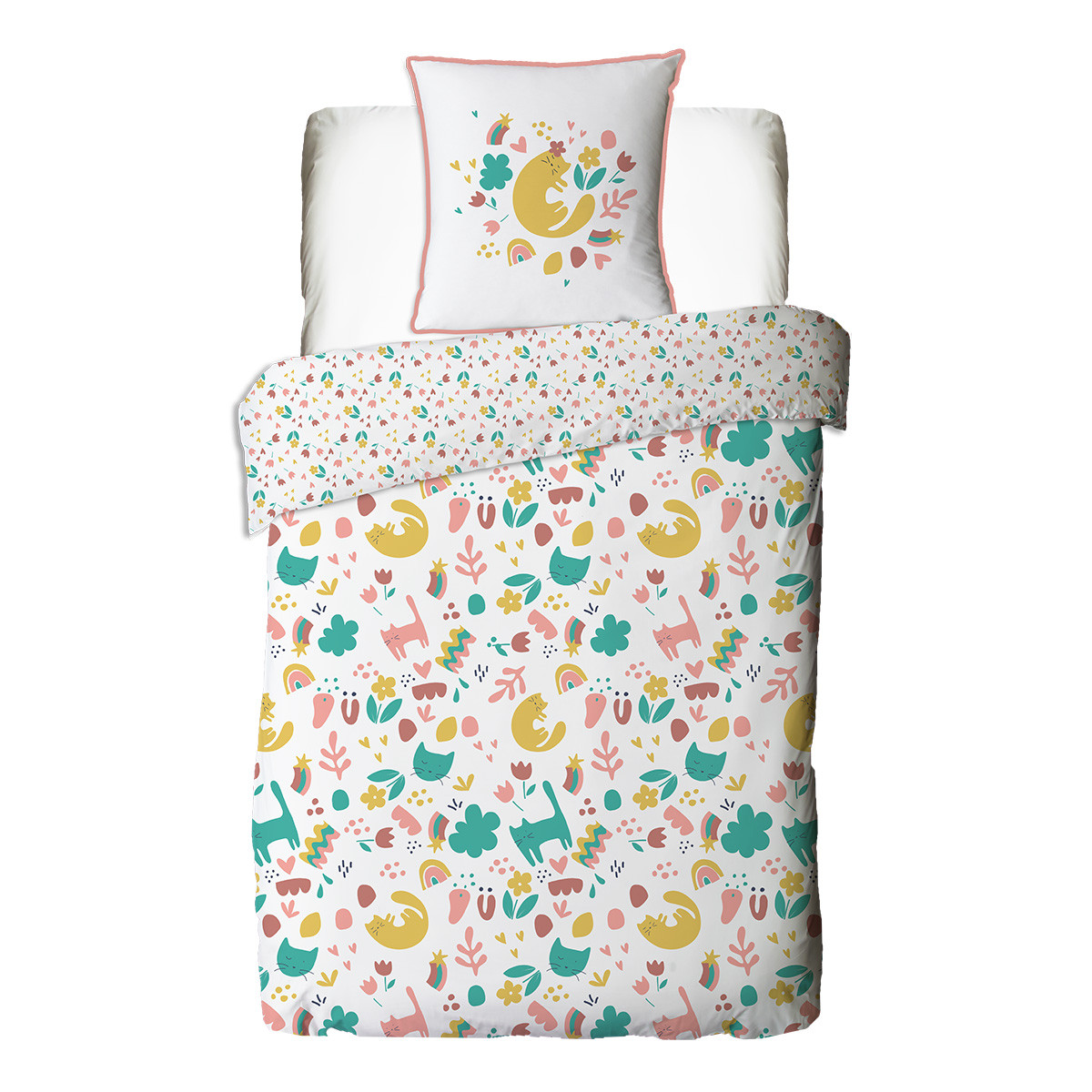 Parure de lit enfant chat réversible fleurie MINOU blanc, FUTURE HOME