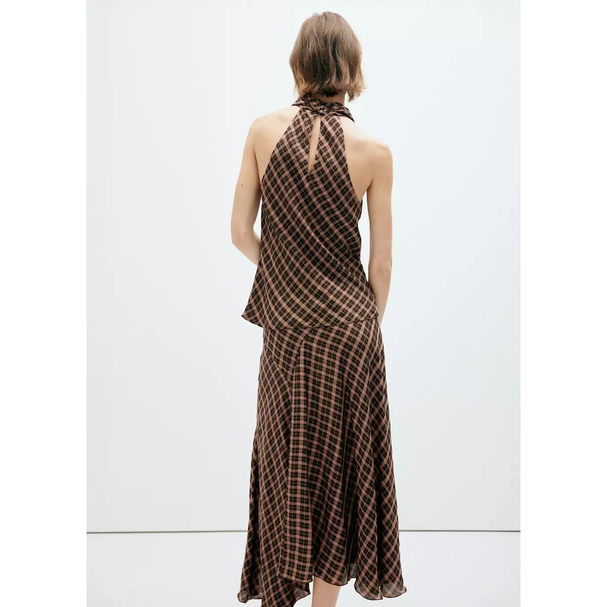 Jupe asymétrique carreaux marron, MANGO