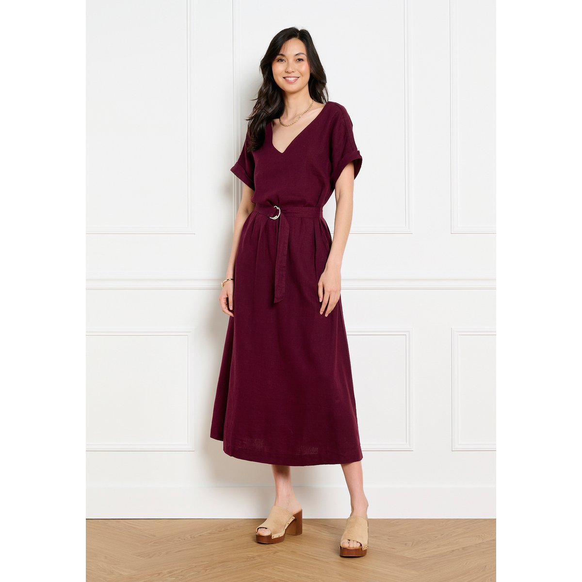 Robe midi ceinturée fluide aubergine, LOLALIZA