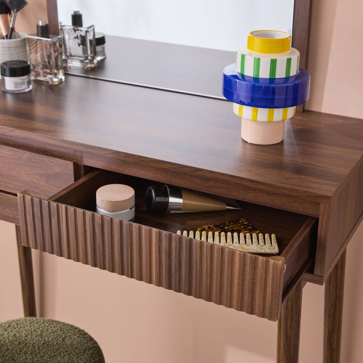 Coiffeuse décor bois miroir arrondi 2 tiroirs LINEAR noyer, SWEEEK