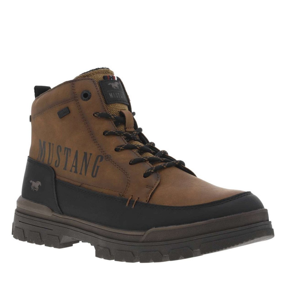 Bottines cognac à talon plat avec un logo imprimé sur le côté cognac, MUSTANG