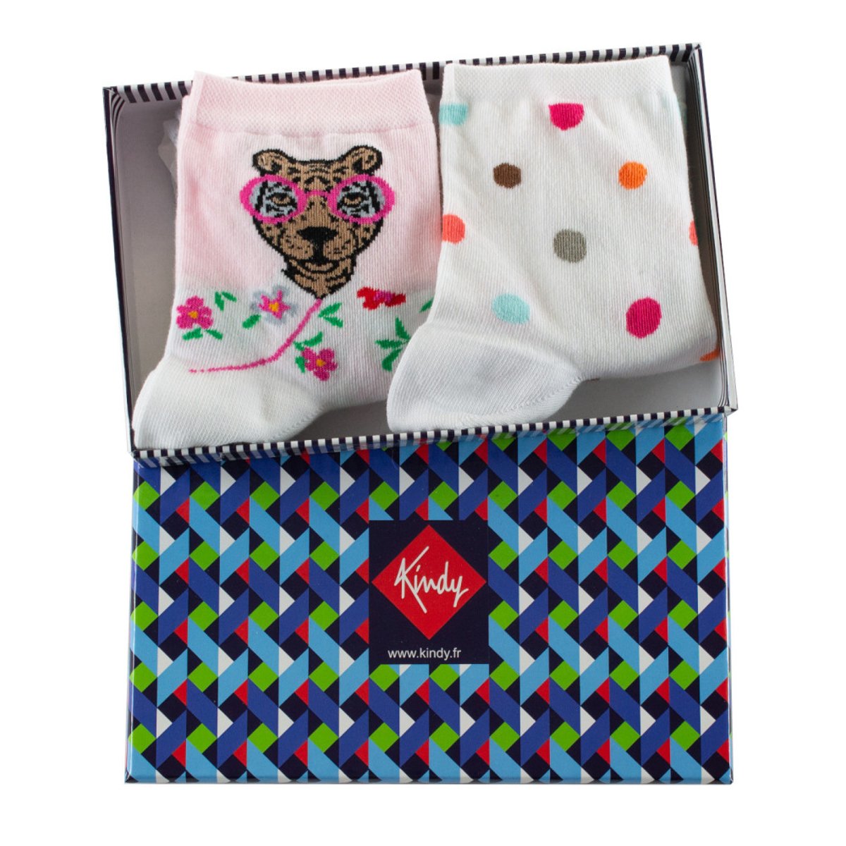 Coffret de 2 paires de socquettes Femme Fantaisie Coton majoritaire blanc rose, KINDY