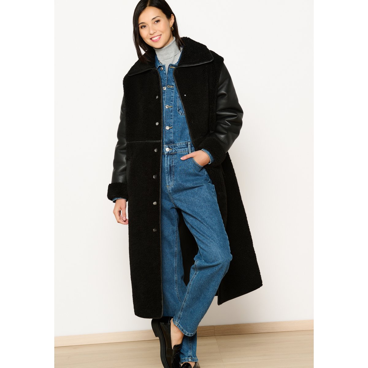 Manteau long en sherpa noir, LOLALIZA