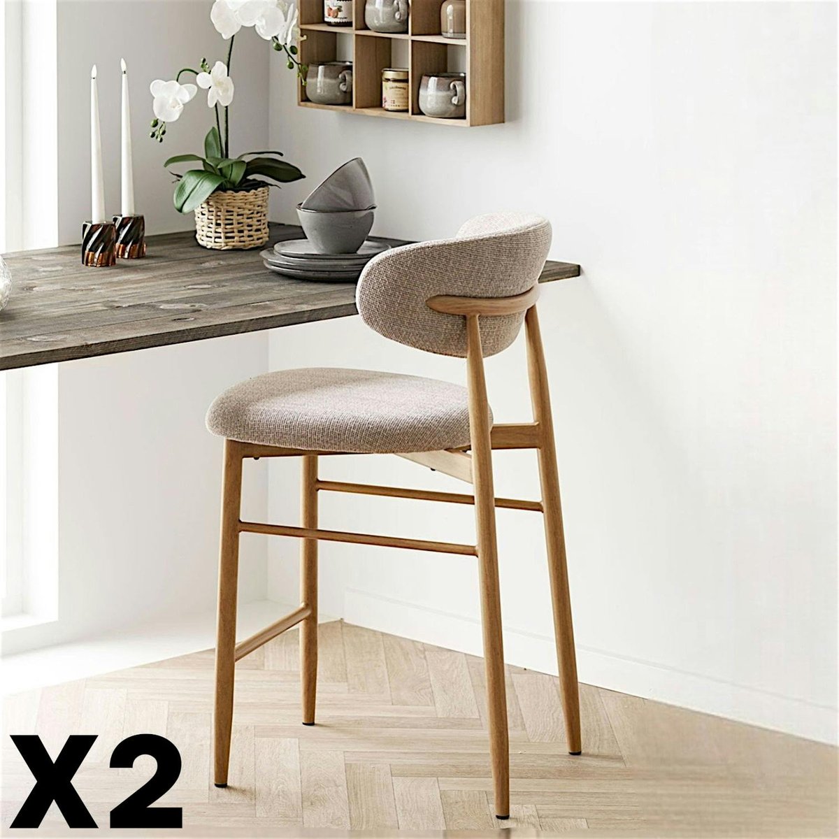 Chaise de bar bois et tissu avec repose-pied (lot de 2) AMSTERDAM bois clair, PIER IMPORT
